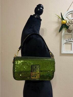 Fashion Green Sequin Mono Baguette Shoulder Bag With Gold Mono Hardware
